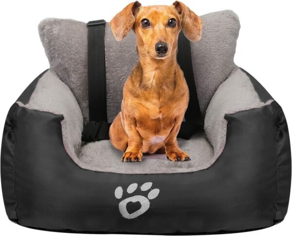 GoFirst Dog Car Seat for Small Dogs & Cats - Waterproof Plush Pet Booster Seat with Safety Leash & Storage Pocket (Black) - Image 2