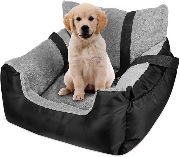 GoFirst Dog Car Seat for Small Dogs & Cats - Waterproof Plush Pet Booster Seat with Safety Leash & Storage Pocket (Black) - Image 6