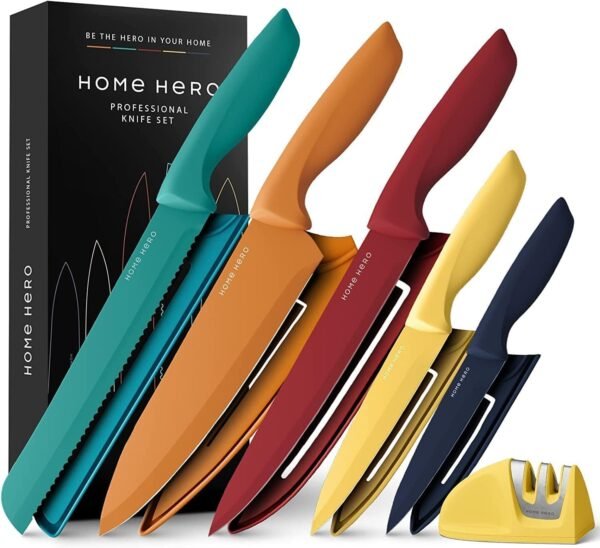 Home Hero Ultra-Sharp Stainless Steel Kitchen Knife Set - 5-Piece Chef Knives Set with Multi-Colour Sheaths