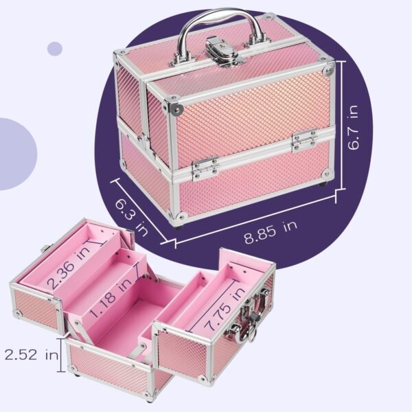 Frenessa 4-Tier Makeup Case - Lockable Cosmetic Organizer with Mermaid Glitter Finish (Pink) - Image 7